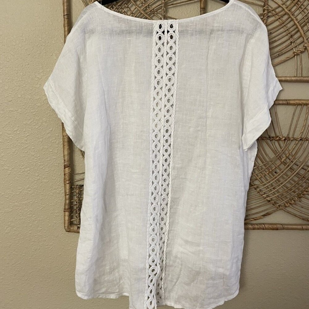 Women’s White Linen Crochet-Trim Short Sleeve Top